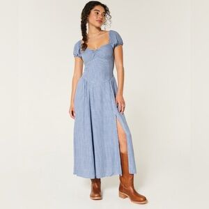 NWT- Hollister On/Off -The Shoulder Blue Puff Sleeve Maxi Dress Sz XS